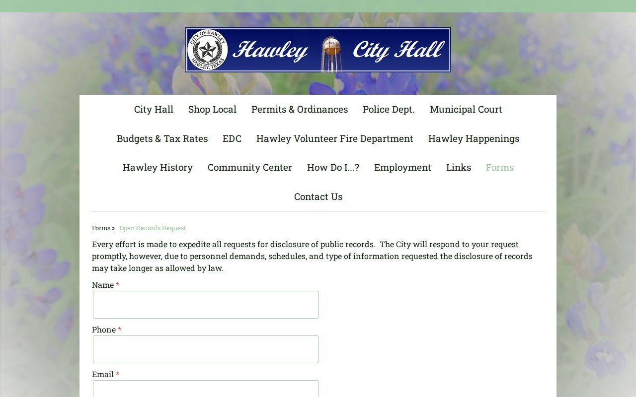 Hawley public information request form for existing Hawley warrant records