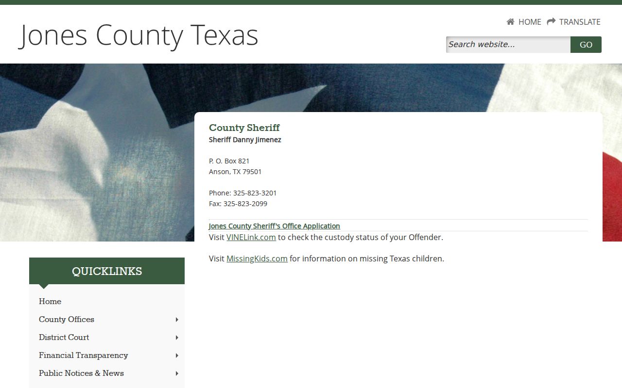 Jones County warrant records, official sheriff contact page without a public warrant roster